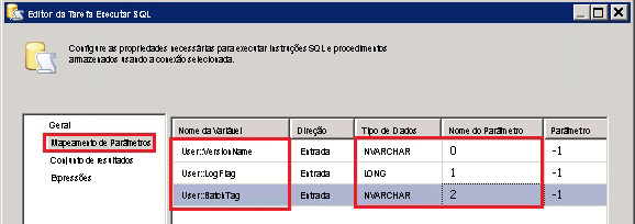 Editor de Tarefa Executar SQL - Mapeamento de Parâmetros