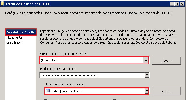 Editor de Destino de OLEDB