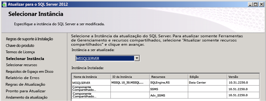interface do usuário da atualização integrada do sql server 2012 sp1