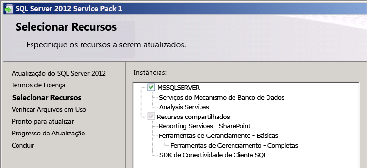 interface do usuário da atualização do sql server 2012 SP1