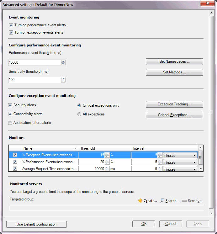 Configurações avançadas para monitoramento no lado do servidor