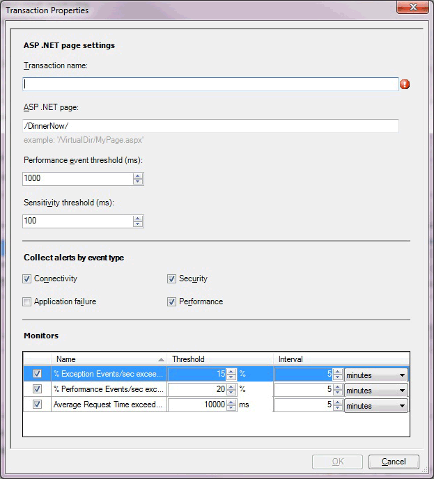 Página da Web ASP.NET de propriedades da transação no lado do servidor