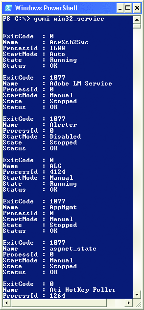 Figura 1 Durante a execução do gwmi win32_service, o Windows PowerShell retorna todas as instâncias da classe especificada em um formato de texto legível