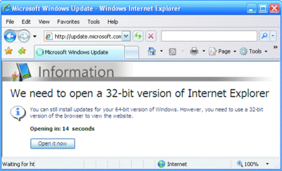 Figura 3 Os controles de 32 bits do ActiveX falham na versão de 64 bits do Internet Explorer