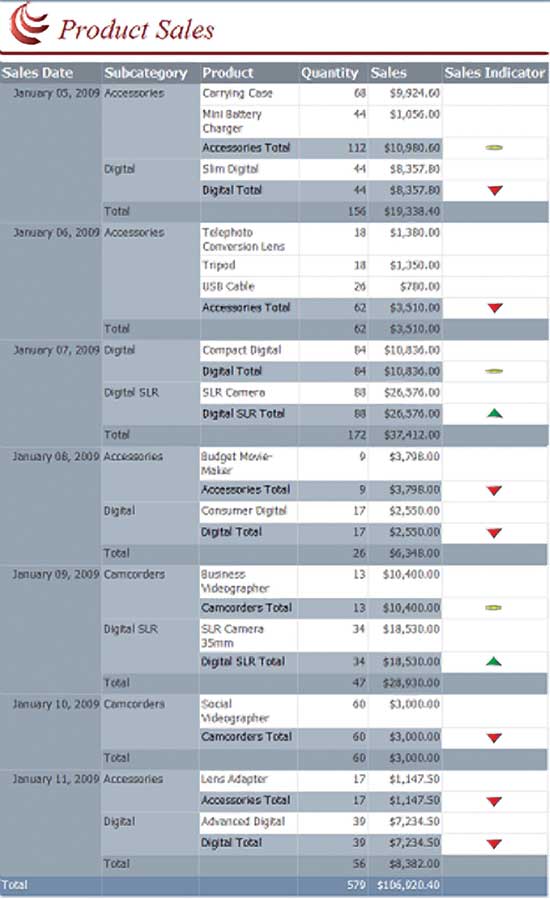 A sales report generated by SQL Server 2008 R2 Reporting Services