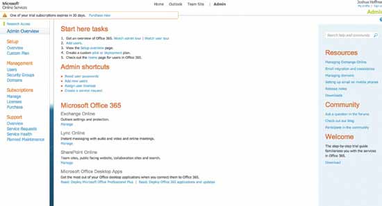 The Office 365 Admin Overview page in the Office 365 portal
