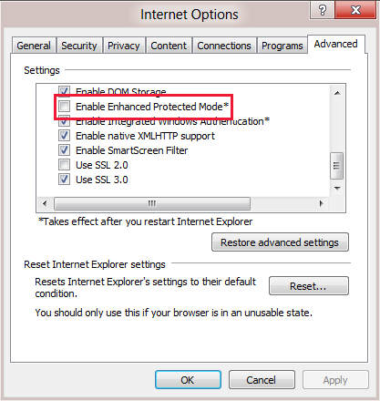 Screenshot of the Advance tab where Enable Enhanced Protected Mode option is cleared.