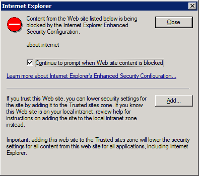 Captura de tela que mostra uma caixa de diálogo para a Configuração de Segurança Aprimorada Explorer Internet. Sobre a internet do colon está bloqueada.