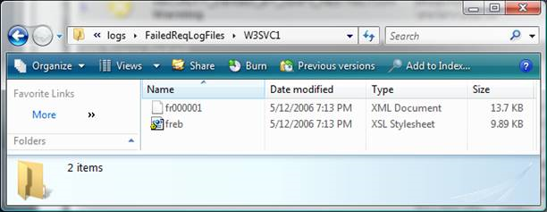 Captura de tela que mostra a Internet Explorer navegando até o caminho W 3 S V C 1. Dois arquivos estão listados, freb e f r 0 0 0 0 1.
