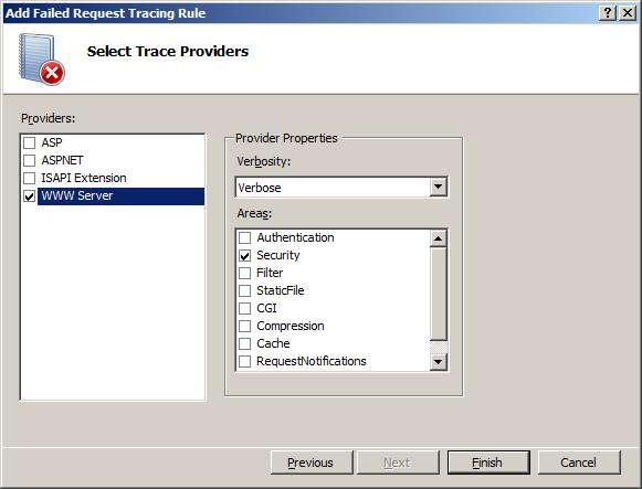 Captura de tela que mostra a página Selecionar Provedores de Rastreamento. O W W W Server é selecionado em Provedores e a segurança é selecionada em Verbose.