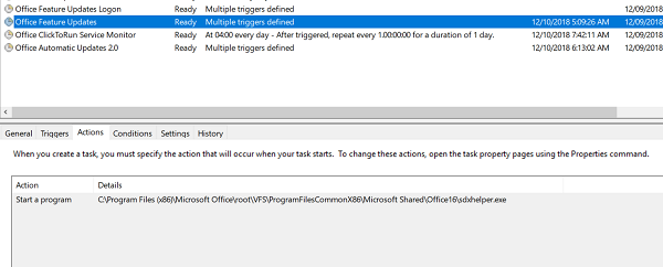 Captura de tela das tarefas de Atualização de Recursos do Office.