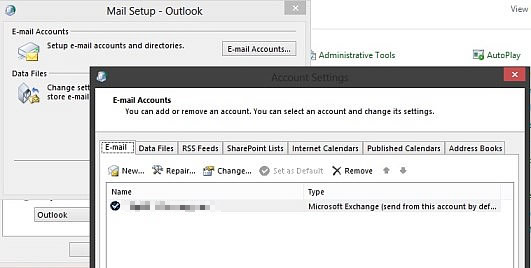 Captura de tela que mostra as janelas Configuração de Email – Outlook e Email Conta.