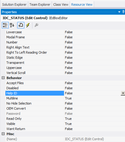 Captura de tela da janela Propriedades na guia Visualização de Recursos com a ID de Ajuda realçada.