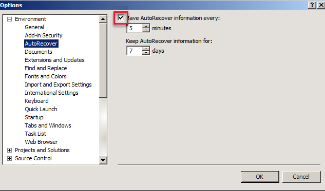 Captura de tela da janela Opções para desmarcar a caixa de seleção de salvar informações de Recuperação Automática a cada vez.