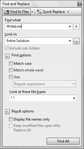 The Find and Replace in Files feature lets you search in files other than the one you're working with right now.