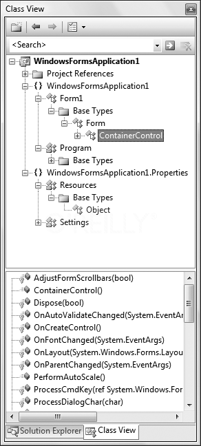 The Class View window, obviously enough, shows the classes in your solution. You won't have many of these at first, but Windows applications will have plenty.