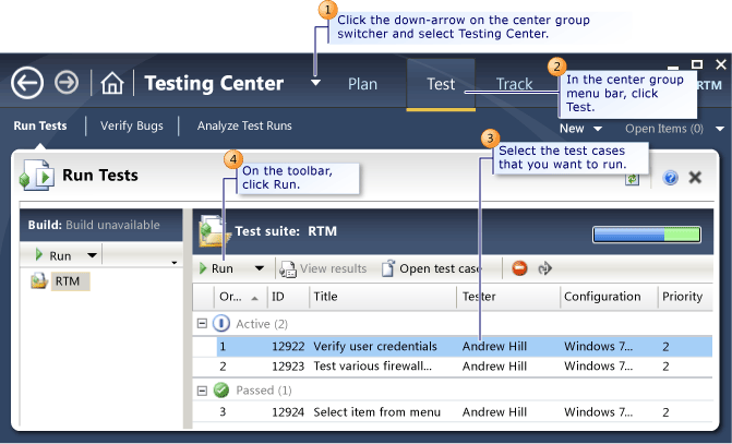 Selecionando o teste a ser executado no Microsoft Test Manager