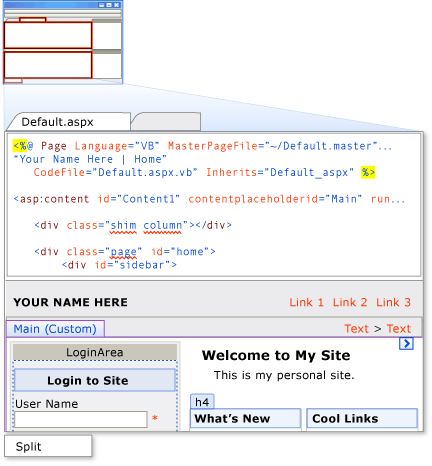 Exibição de guia dividida no Designer de HTML