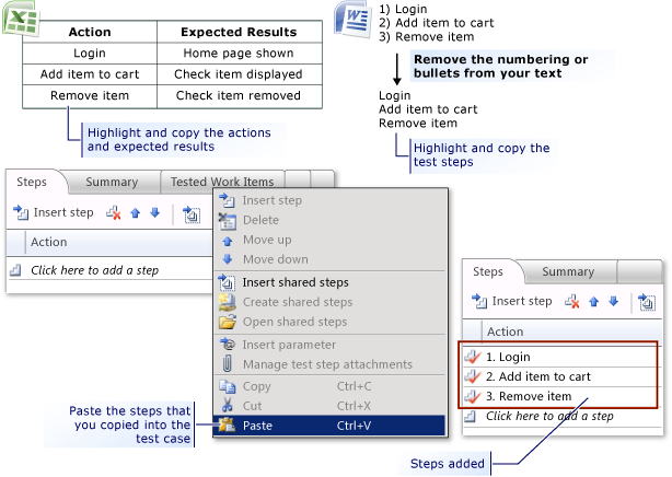 Adicionar etapas de teste do Microsoft Excel ou do Word