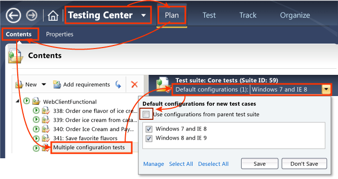 Configurações padrão para um conjunto de testes