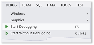 Comando de depuração iniciar no menu Debug