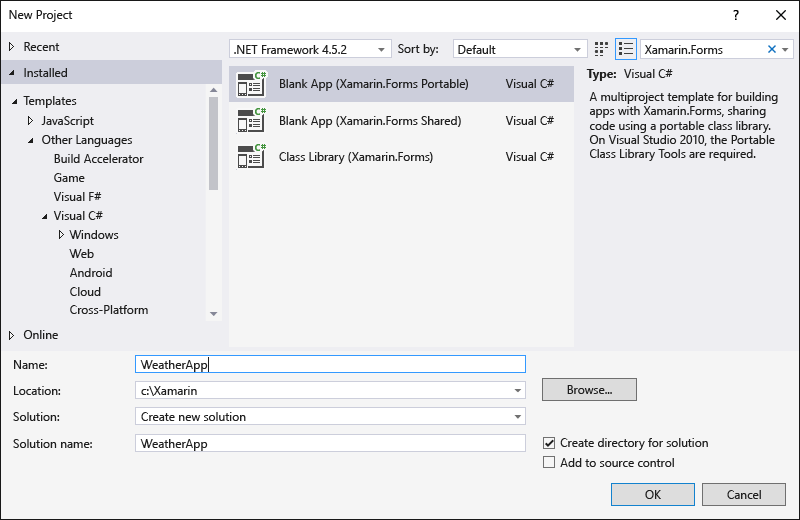 CrossPlat Xamarin FormsGuide 2 Creating a new Blank App (Xamarin.Forms Portable) project