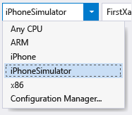 CrossPlat Xamarin Verify 5 Selecting the iPhoneSimulator build target