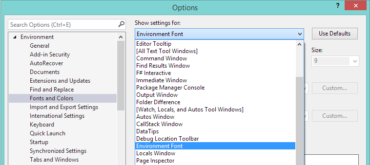 Fonts and Colors page in Tools > Options dialog