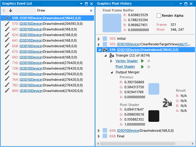 vsg_walkthru1_hist2 Pixel History window showing fragment info