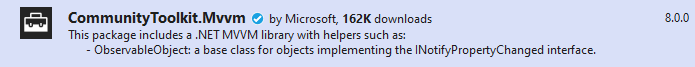 A screenshot of the CommunityToolkit.MVVM package from the NuGet Package Manager in Visual Studio