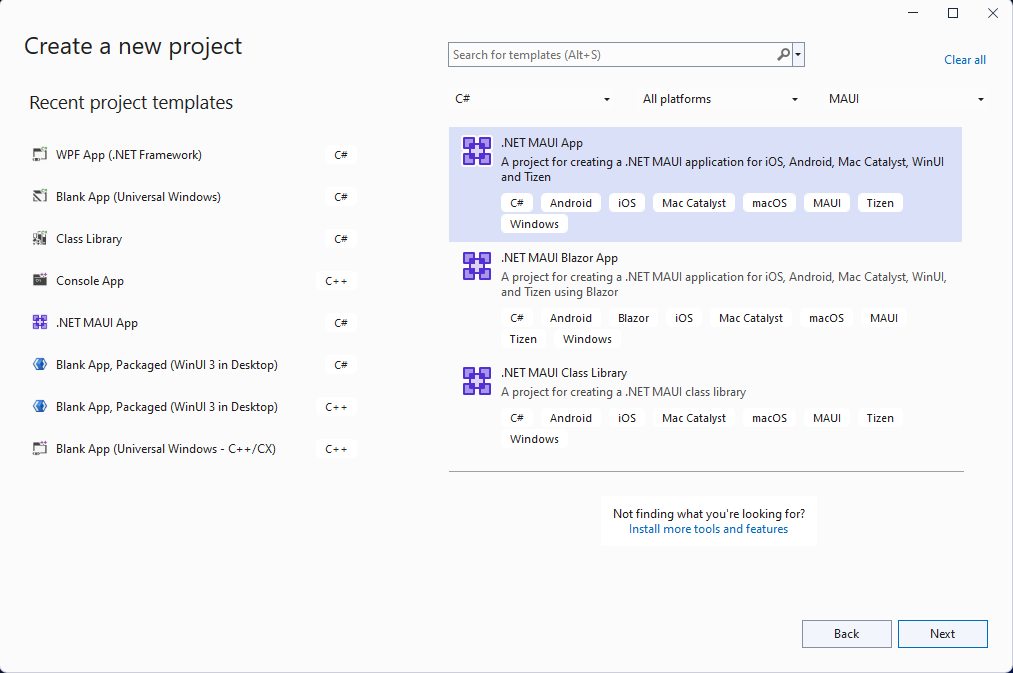A screenshot of the Create a new project window in Visual Studio with the .NET MAUI App template selected