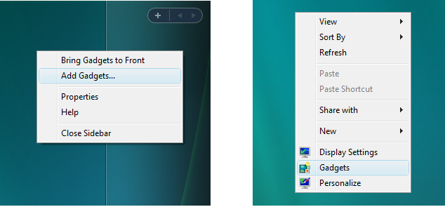 screen shot showing the windows vista sidebar context menu on the left and the windows 7 desktop context menu on the right.