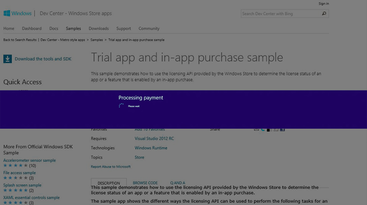 Mensagem de processamento de pagamento da compra em aplicativo
