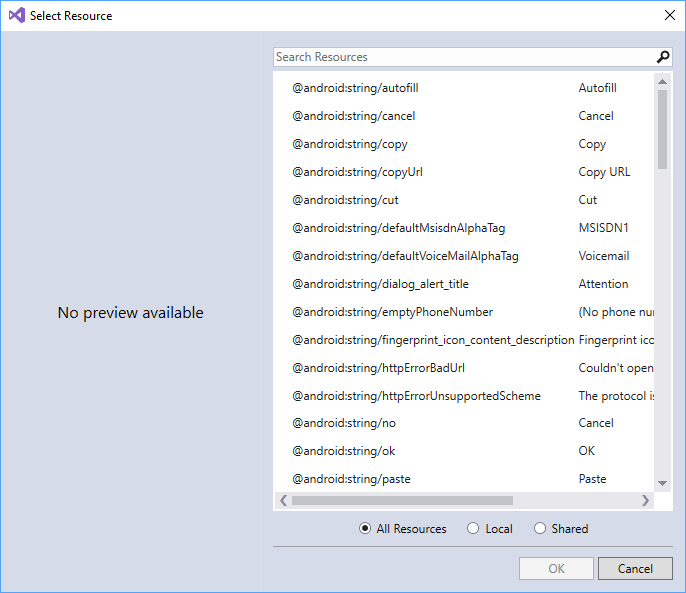 Captura de tela de Recursos de Exemplo com vários recursos listados