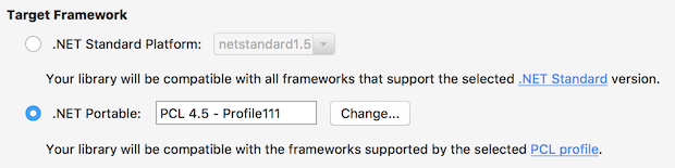 Escolha PCL ou .NET Standard para o tipo de biblioteca