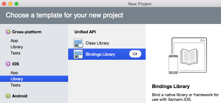 Faça isso no Visual Studio para Mac selecionando o tipo de projeto, Biblioteca de Ligações da Biblioteca do iOS