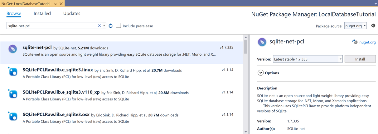 Captura de tela do Pacote do NuGet do SQLite.NET no Gerenciador de Pacotes do NuGet