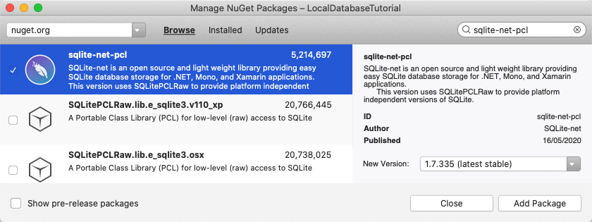 Captura de tela do Pacote do NuGet do SQLite.NET no Gerenciador de Pacotes do NuGet