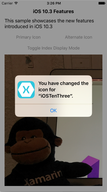 Um alerta de exemplo quando um aplicativo muda para o ícone principal
