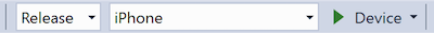 Screenshot of the Visual Studio toolbar showing solution configuration set to release, solution platform set to iPhone, and target set to device.