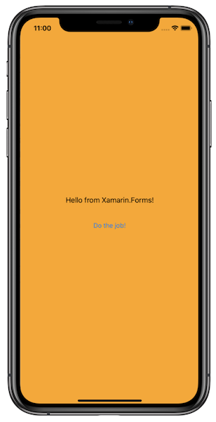 A captura de tela mostra uma mensagem Hello do Xamarin dot Forms em um dispositivo móvel.
