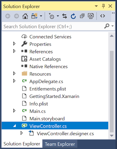 Os dois arquivos que compõem a classe ViewController: ViewController.cs e ViewController.designer.cs