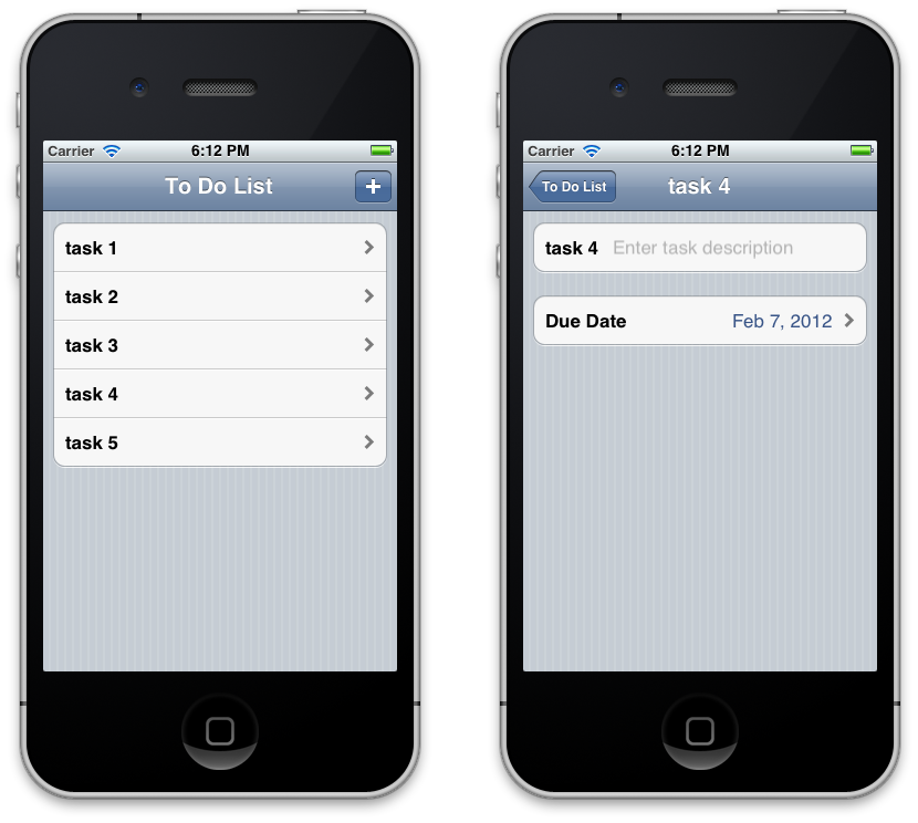 Selecionar a linha navegará até a tela de detalhes que nos permite atualizar a descrição da tarefa e a data de conclusão