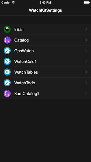 Captura de tela que mostra WatchKitSettings no aplicativo.