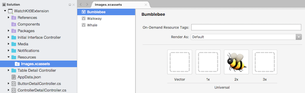 O exemplo WatchKitCatalog tem uma imagem chamada Bumblebee no projeto de extensão do relógio