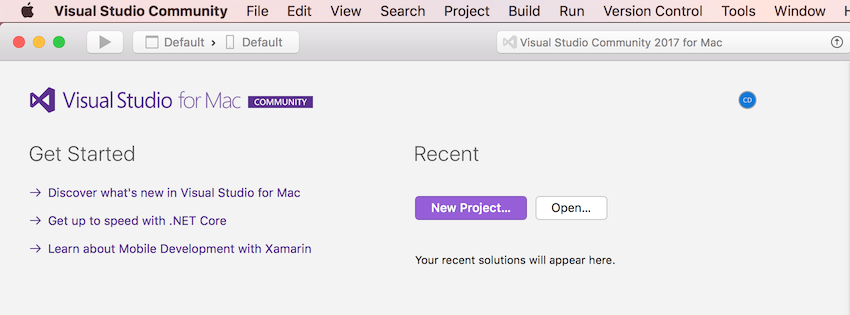A interface principal do Visual Studio para Mac