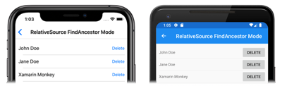 Captura de tela de uma vinculação relativa do modo FindAncestor no iOS e Android