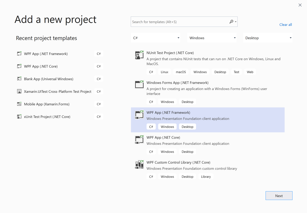 A captura de tela mostra a caixa de diálogo Adicionar um novo projeto com W P F App selecionado.