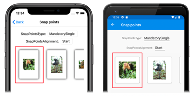 Captura de tela de um CarouselView com pontos de ajuste iniciais, no iOS e Android