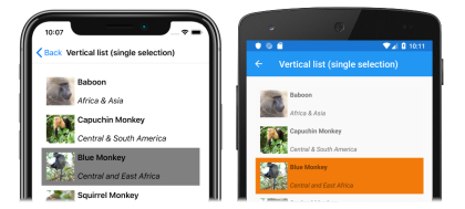 Captura de tela de uma lista vertical CollectionView com seleção única, no iOS e Android